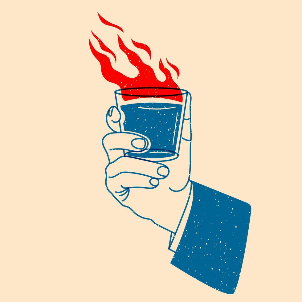 Hand holding cocktail with fire. Vector illustration in a minimalist style  with Riso print effect. Design element for advertising, posters, prints for clothing, banners, covers, websites