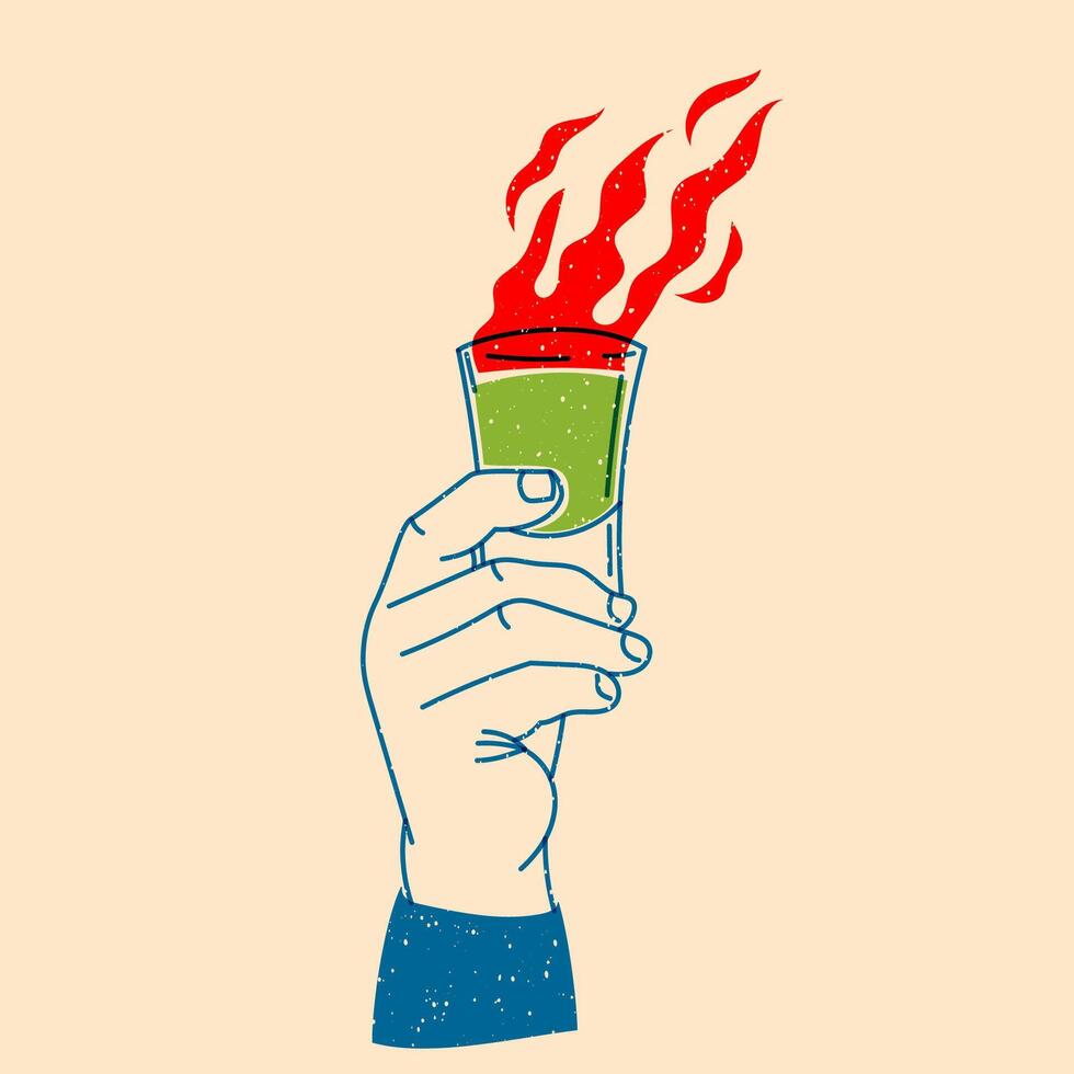 Hand holding cocktail with fire. Vector illustration in a minimalist style  with Riso print effect. Design element for advertising, posters, prints for clothing, banners, covers, websites