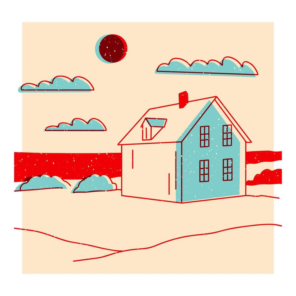 paisaje. rancho, casa en el montaña, granja, prado, casa, árbol, camino, montaña. mano dibujado vector ilustración. vistoso linda pantalla impresión efecto. riso impresión efecto. icono, logo, imprimir, póster