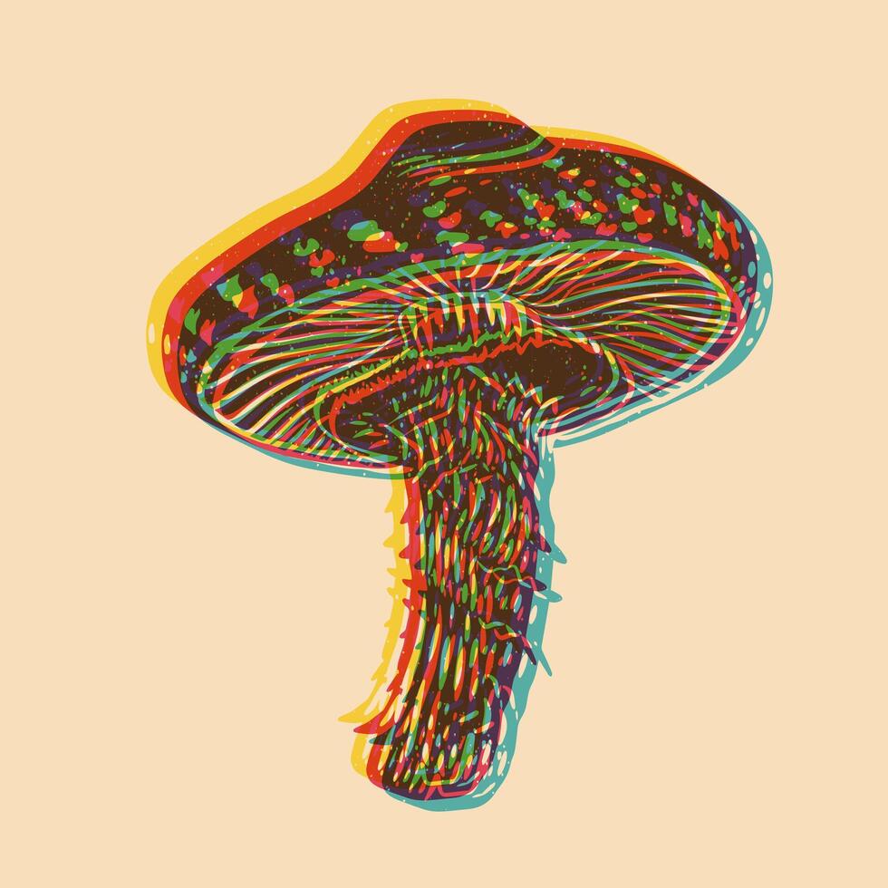 Mushrooms. Vector illustration. Risograph print effect. Glitch effect. Vector illustration. Graphic element  for fabric, textile, clothing, wrapping paper, wallpaper, poster.