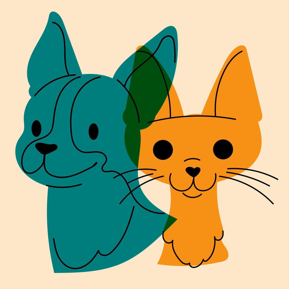 Dog and cat. Avatar, badge, poster, logo templates, print. Vector illustration in a minimalist style  with Riso print effect. Flat cartoon style