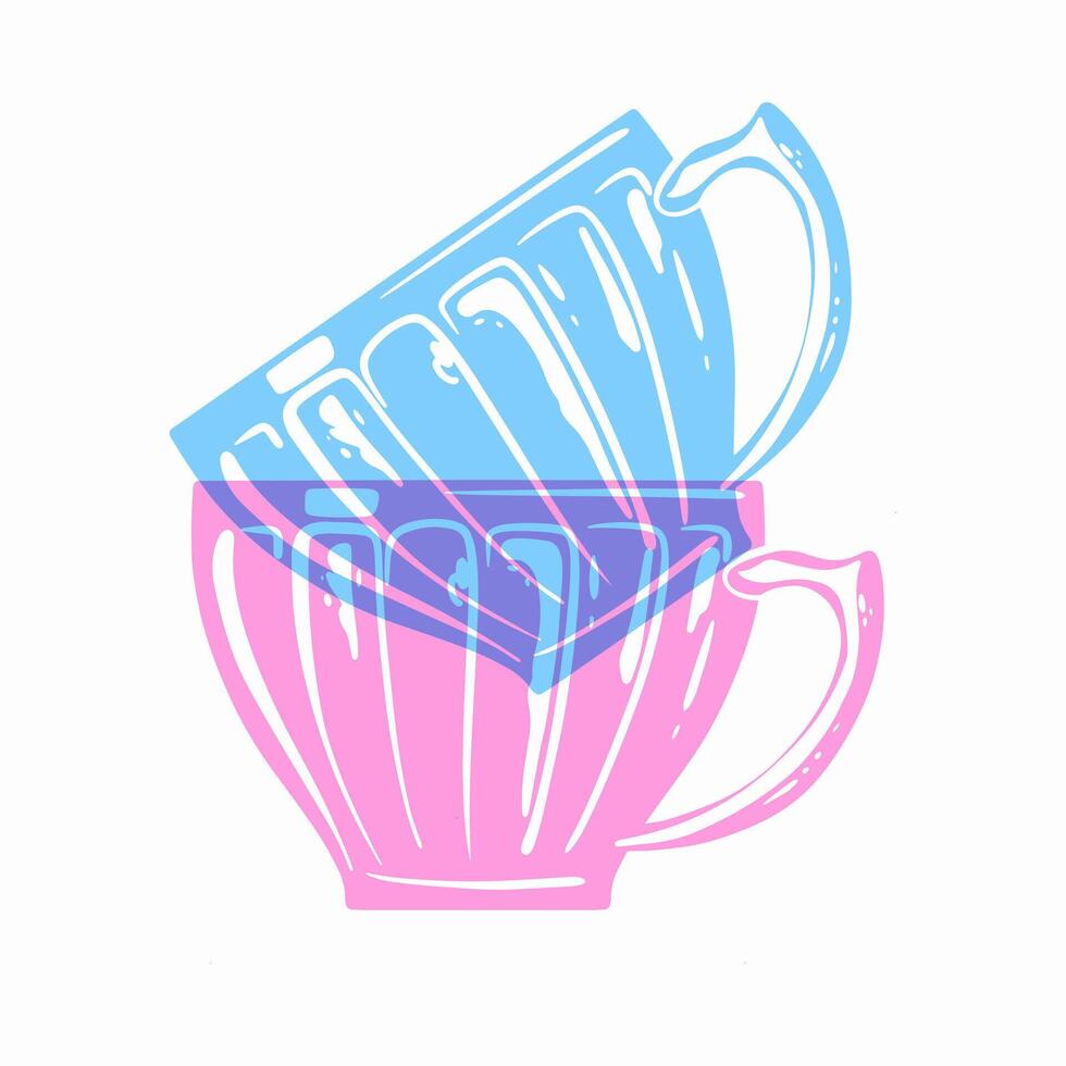 Coffee or tee cups. Colorful cute screen printing effect. Riso print effect. Vector illustration. Graphic element  for fabric, textile, clothing, wrapping paper, wallpaper, poster.