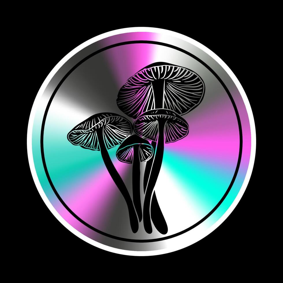 Holographic sticker with  mushroom in a trendy retro style. Vector Graphic with textured foil effect.