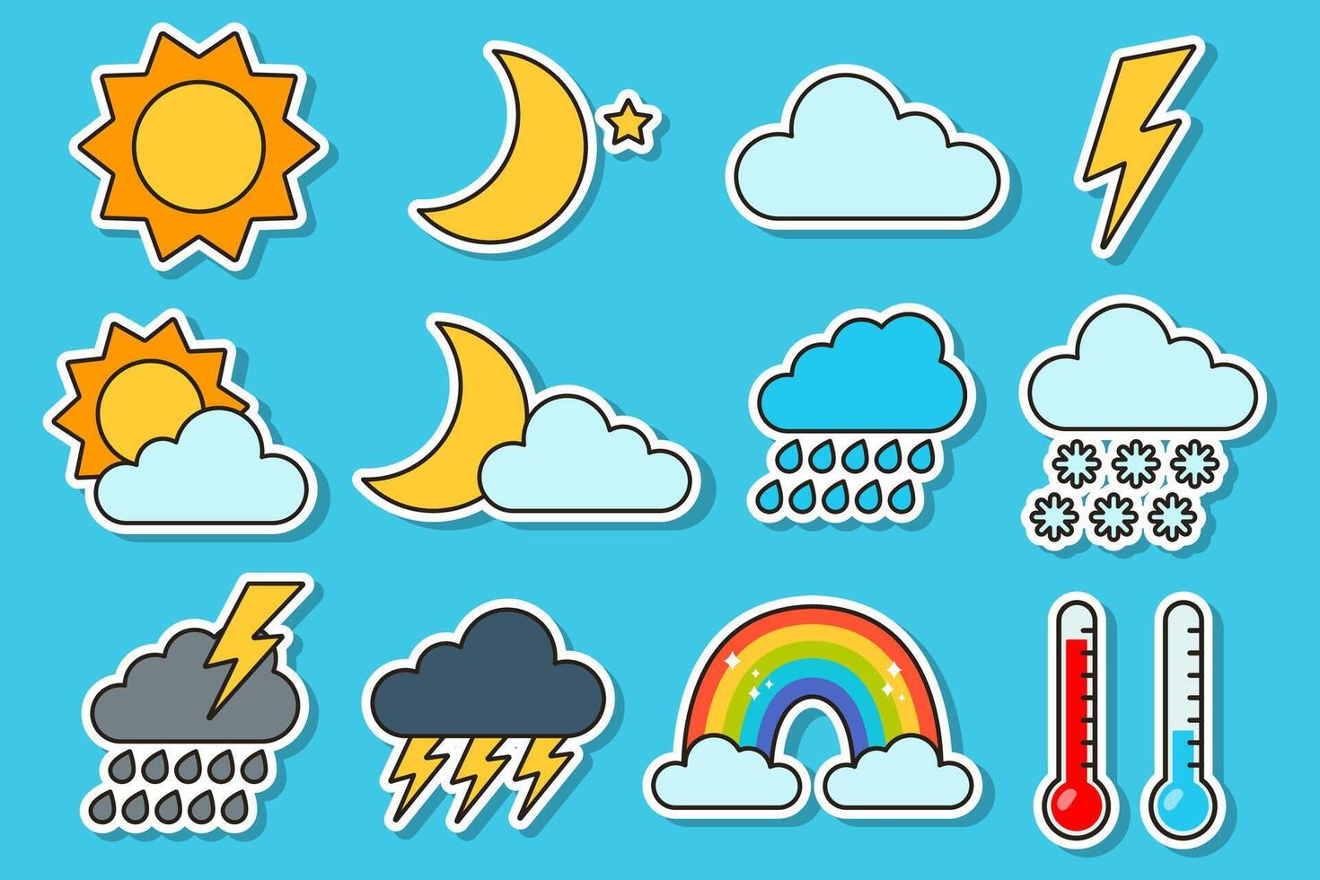 Weather stickers set. Flat illustration of thundercloud, clouds and snow, sun and moon vector