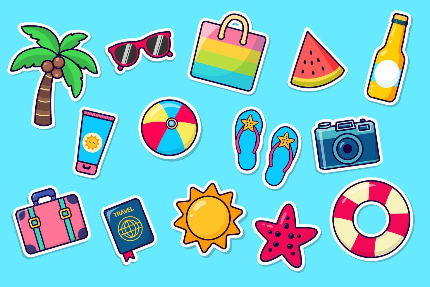 A set of stickers with summer holiday elements. Accessories for a vacation by the sea. Vector illustration
