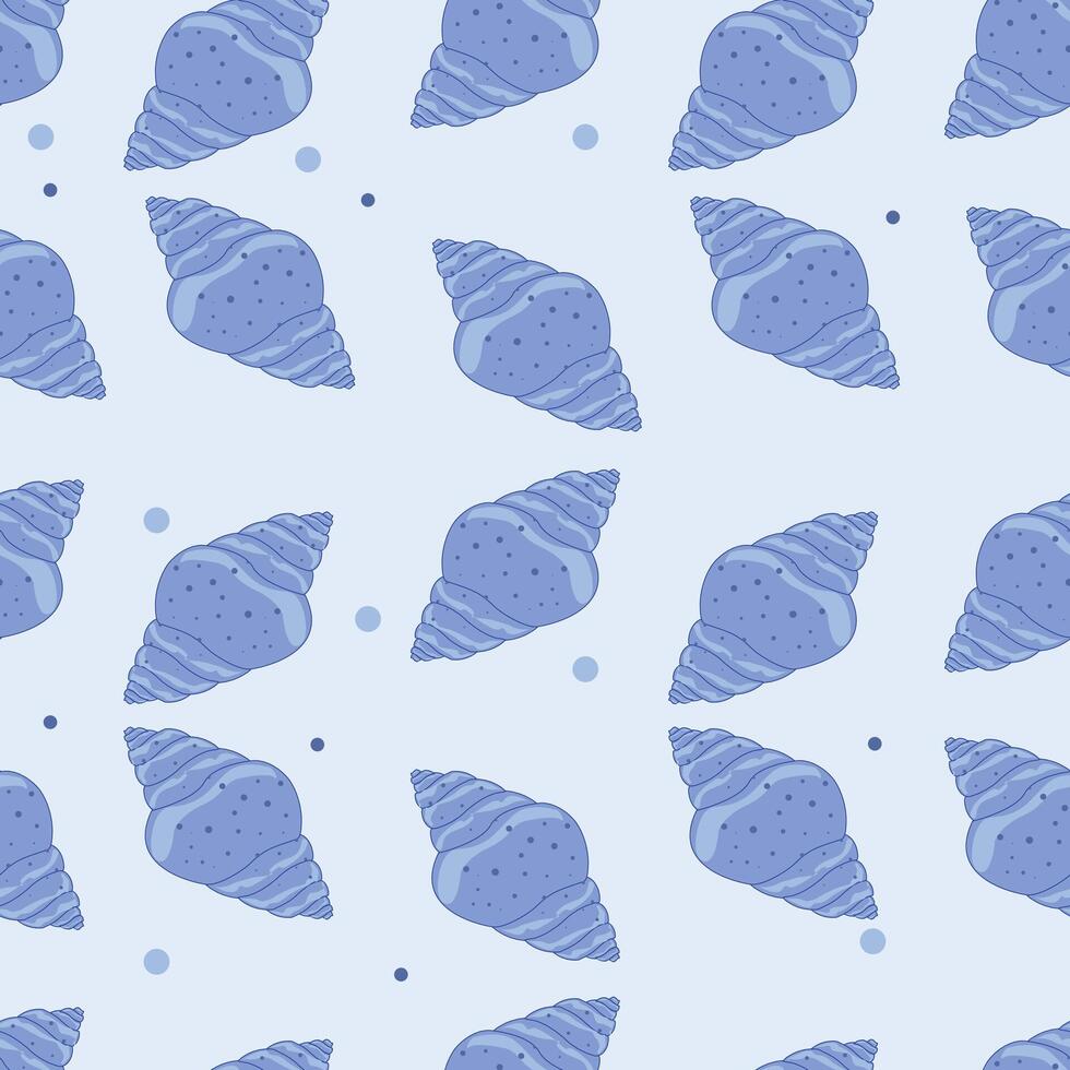 sin costura modelo con vistoso conchas marinas en un azul antecedentes. lata ser usado en textil industria para fondo de pantalla, carteles, envase papel y otro diseños vector