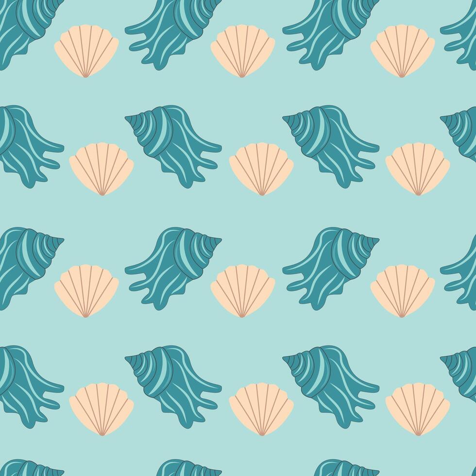 Marine seamless pattern, hand drawn sea shells. Summer background. Vector set for design in sea beach style. Blue exotic underwater. Fashionable pattern for wrapping paper, wallpaper, stickers