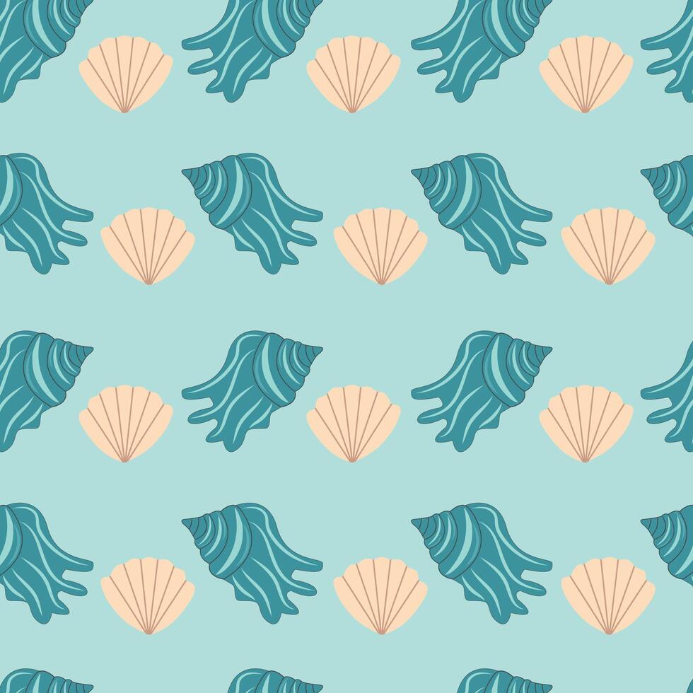 marina sin costura patrón, mano dibujado mar conchas verano antecedentes. vector conjunto para diseño en mar playa estilo. azul exótico submarino. de moda modelo para envase papel, fondo de pantalla, pegatinas