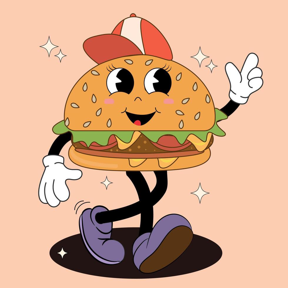Burger in cartoon style. groovy street food character in retro burger style. Illustration with cool hamburger, fast food, delivery, takeaway. vector