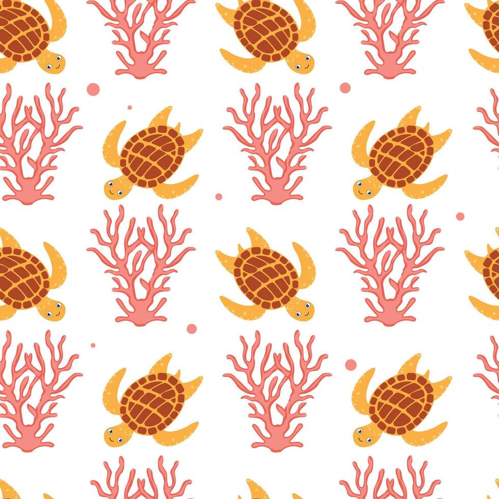 Sea turtle seamless pattern. Trendy pattern of cartoon turtle with sea corals for wrapping paper, wallpaper, stickers, notebook cover. vector