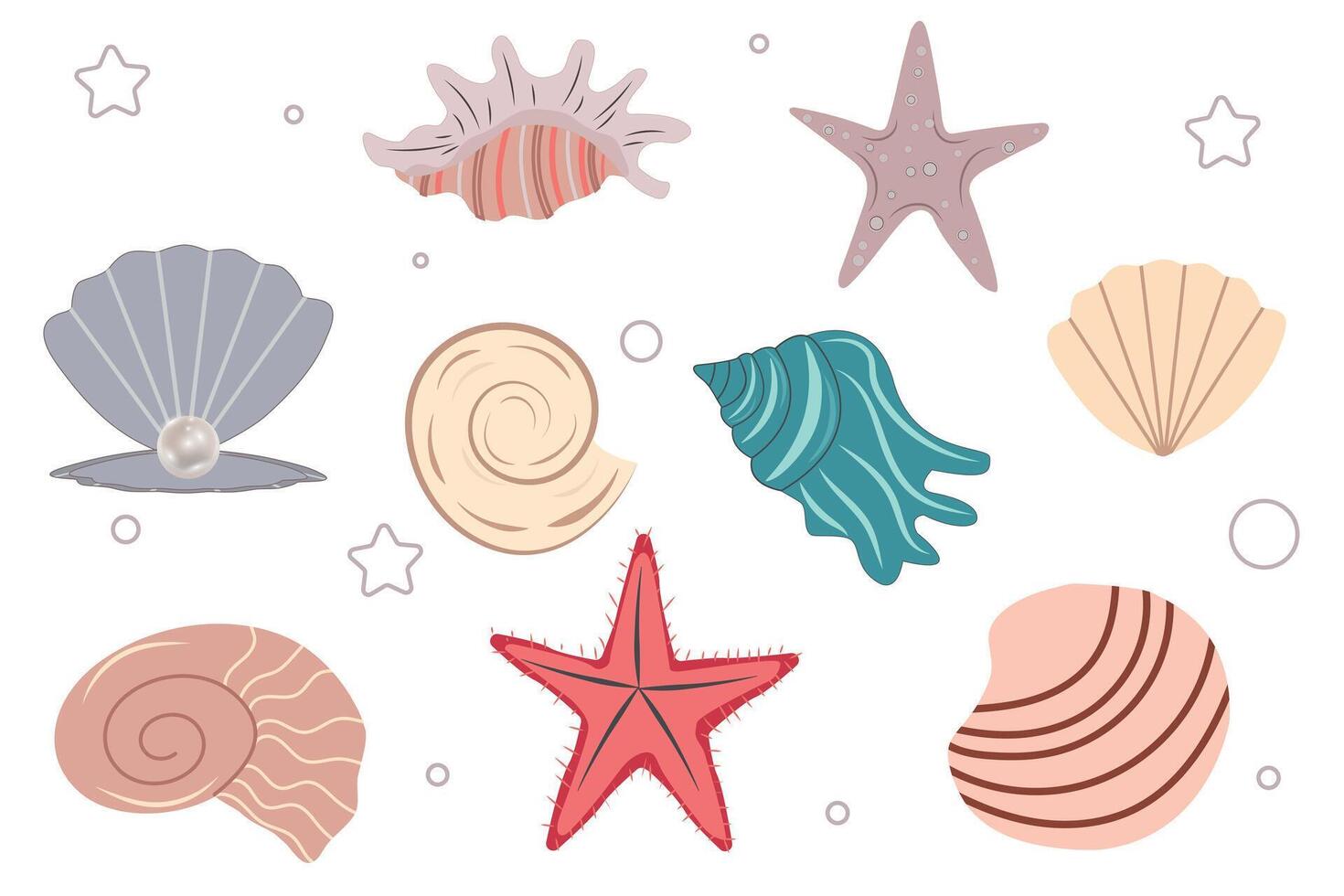 Set of seashells, mollusks, starfish, shell with pearls. Trendy flat illustration of seashell collection isolated on white for stickers and other designs. vector