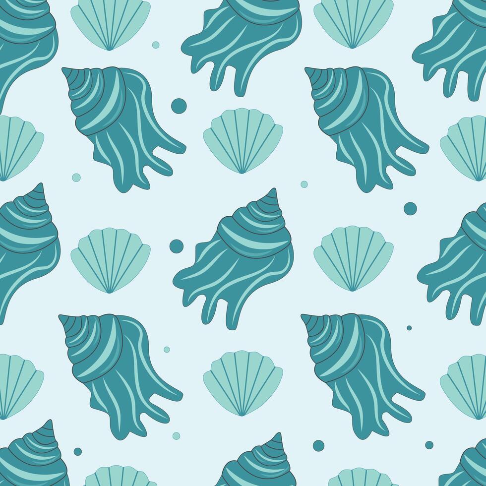 mar azul conchas sin costura modelo. de moda elegante modelo de diferente conchas marinas para envase papel, fondo de pantalla, pegatinas, cuaderno cubrir y otro diseños vector