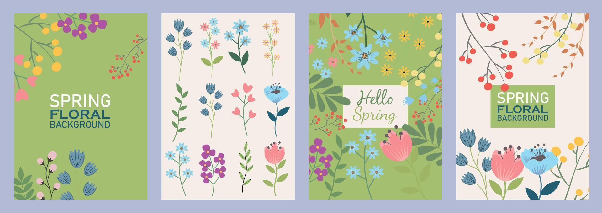 Set of trendy botanical floral backgrounds and posters. Minimalistic modern design with hand drawn spring flowers, leaves and branches. Vector template for greeting card, banner, poster, invitation.