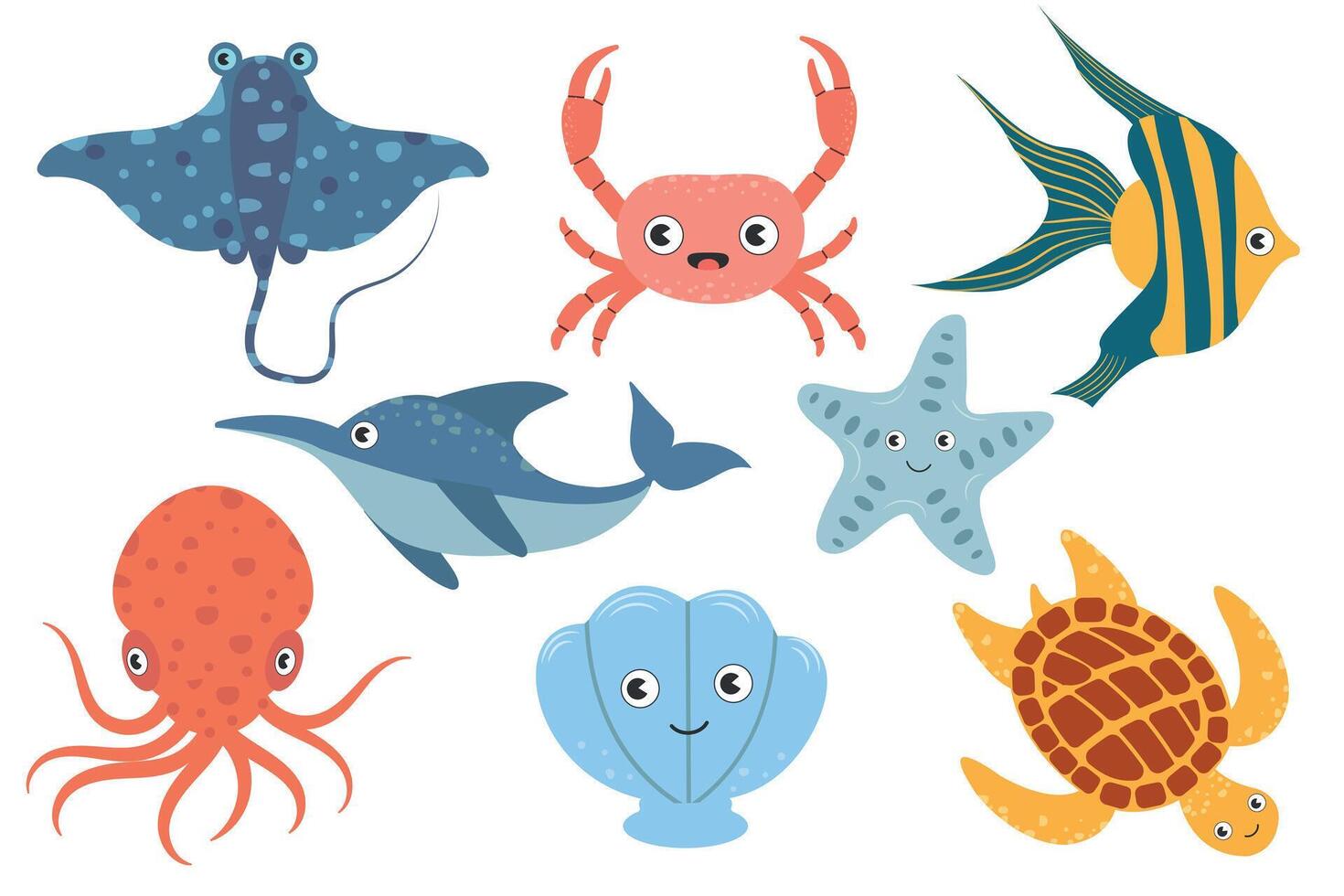 Set with hand drawn sea life elements. Cartoon collection of sea and ocean inhabitants, crab, stingray, octopus, turtle, fish and other vector doodle sea life objects for your design.