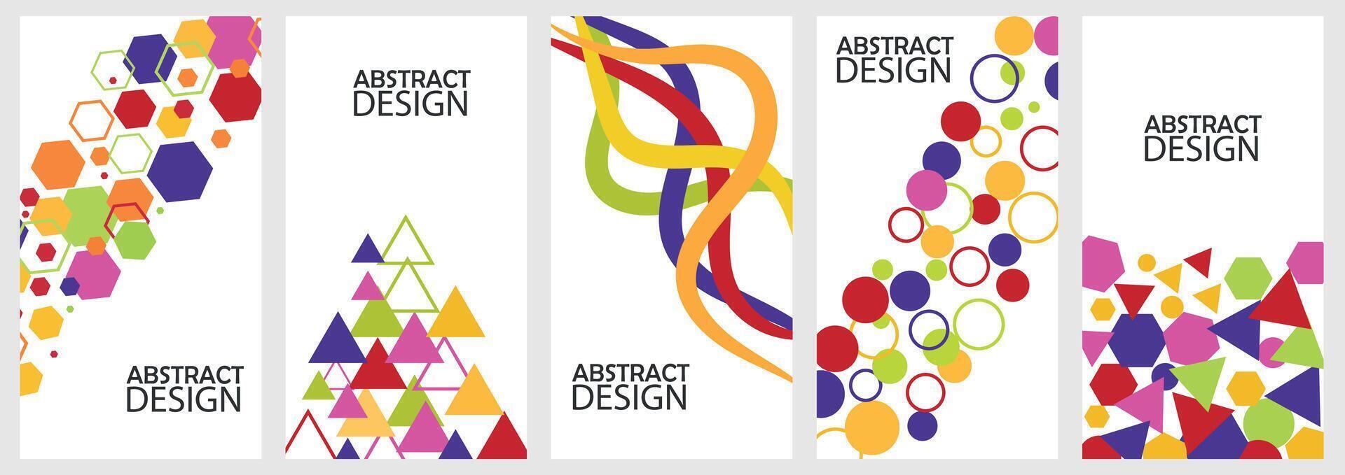 Set of geometric abstract backgrounds with simple shapes. Collection of corporate identity flyer templates. Colorful abstract geometric patterns for wall art, posters, brochure or book covers. vector