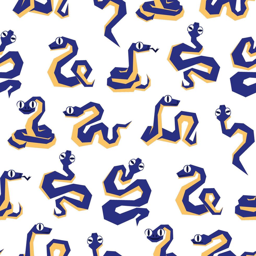 The 2025 snake pattern is blue and geometrically crawling. Isolated sinuous snakes in different poses. Modern vector illustration in a flat style. The 2025 collection of two-color snakes
