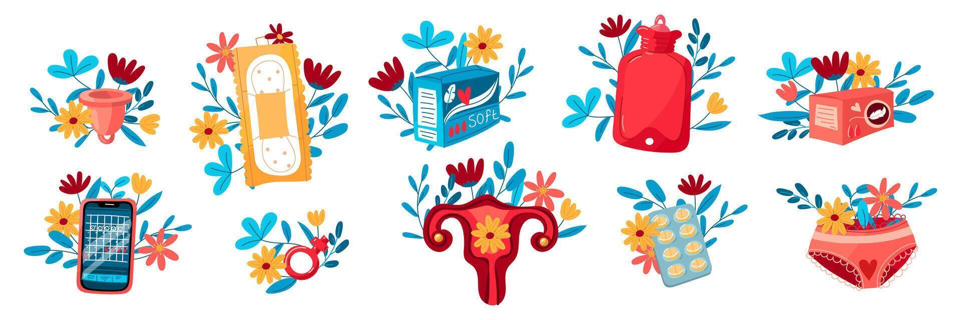 un conjunto de útero, almohadillas, menstrual taza, pastillas, teléfono, bragas con flores el concepto de un mujer regular menstrual ciclo. menstrual período, menstruación, premenstrual síndrome, vector de ovarios