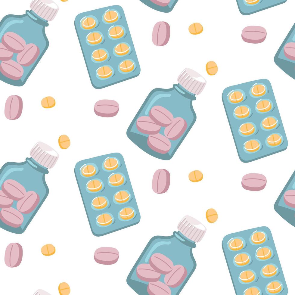 A pattern of pills in a jar and a blister. Seamless pattern with pills for treatment, vitamins. Vector pattern with a glass jar, a blister of tablets, scattered tablets on a white background