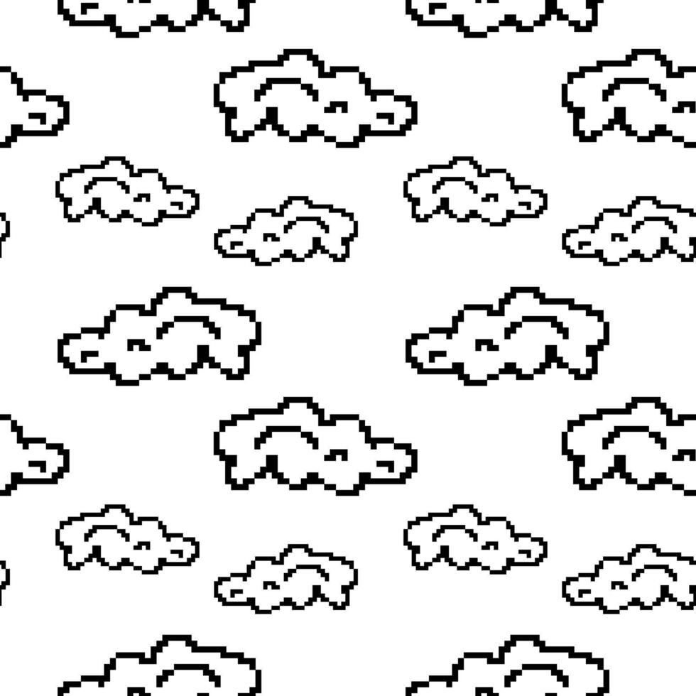 The pattern is a cloud of pixels. A contoured black isolated cloud. The cloud icon is repeated, pixel art. Network and computing concept. A simple flat vector illustration. Seamless