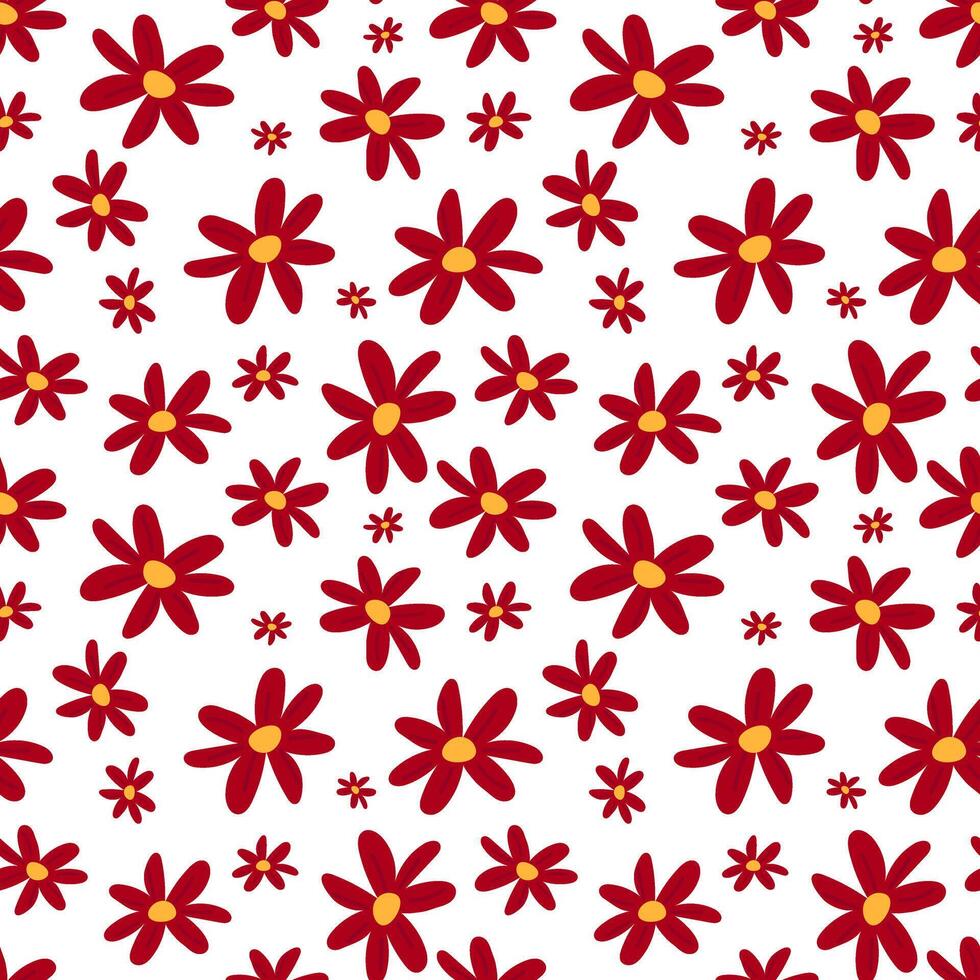 The pattern of spring flowers is red daisies. Colored daisies on a white background. Cute flower in different sizes. Seamless texture for printing on textiles and paper. Holiday vector