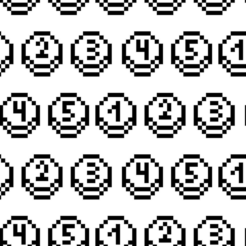 A coin pattern with numbers in black pixels. The number icon. Vector illustration. Pixel graphics. Circles with numbers. Retro style elements on a white background. Small black squares in a group