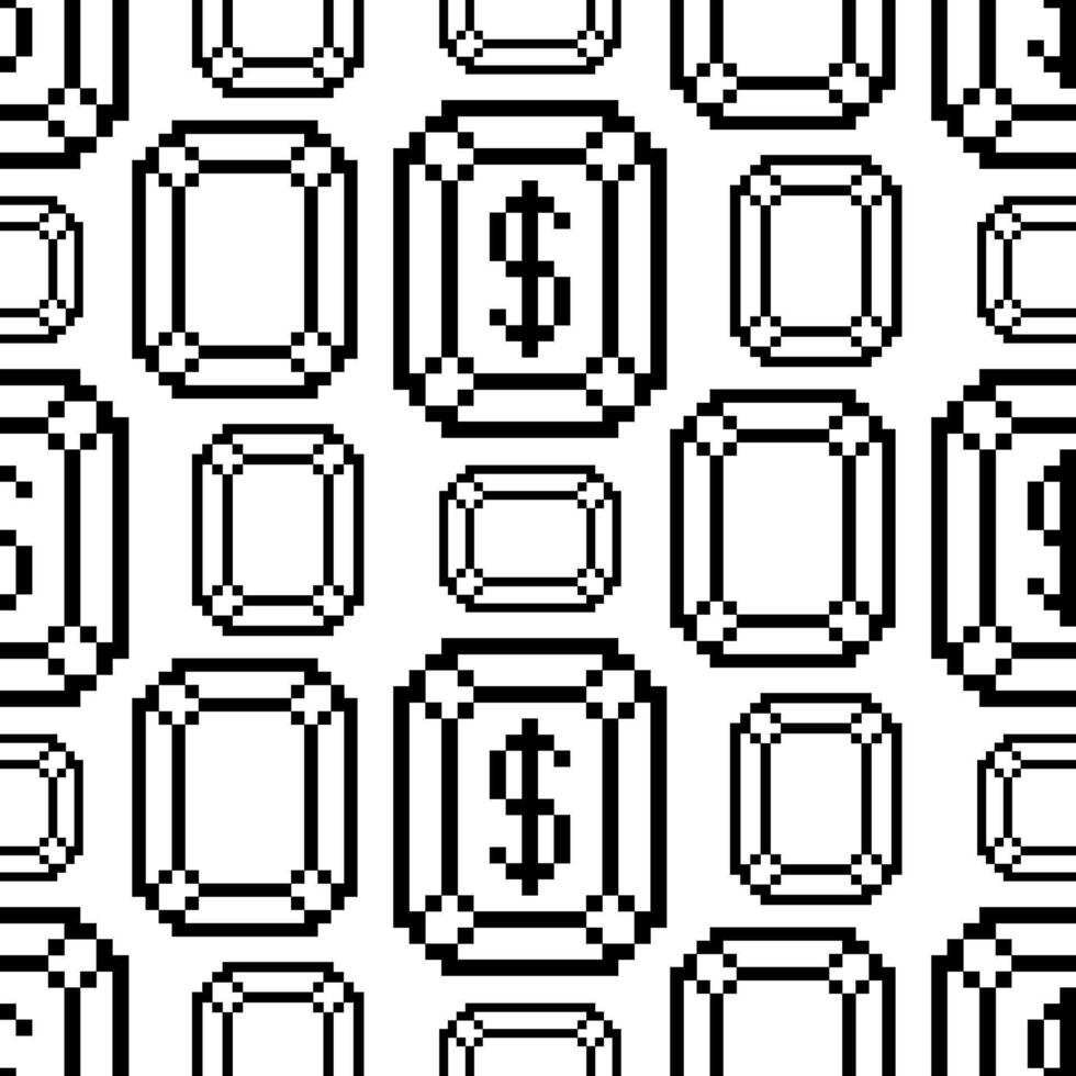 The pattern with the dollar sign in the diamond is pixelated. Pixel art black contour dollar coins retro video game. The small squares are drawn in a pattern. Isolated image vector