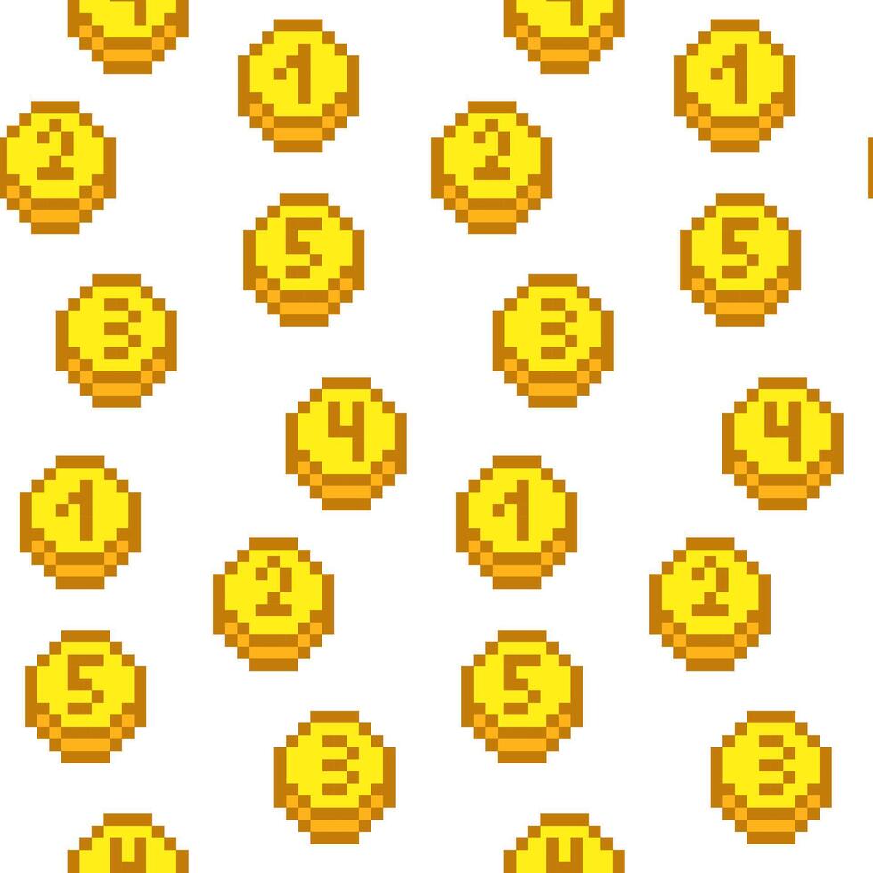 A coin pattern with numbers in yellow pixels. The number icon. Vector illustration. Pixel graphics. Circles with numbers. Retro yellow elements on a white background. Small gold squares in a group