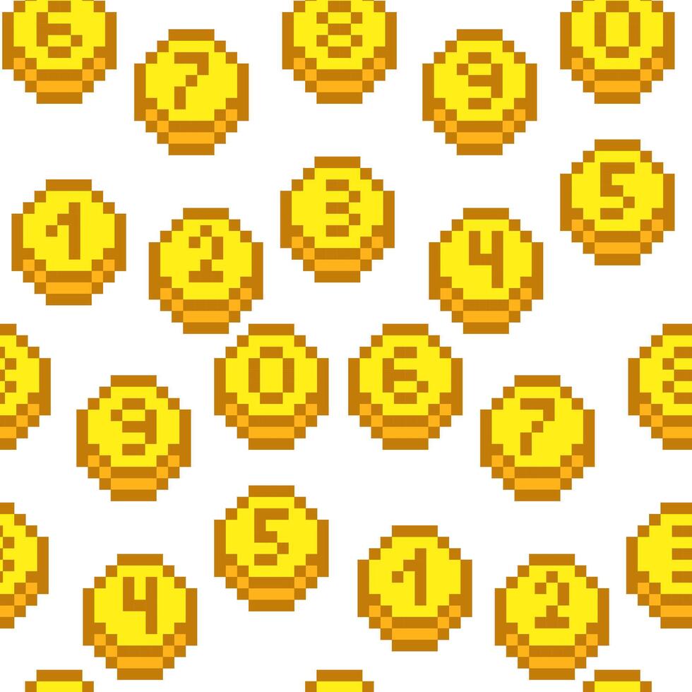 A coin pattern with numbers in yellow pixels. The number icon. Vector illustration. Pixel graphics. Circles with numbers. Retro gold elements on a white background. Small squares in a group