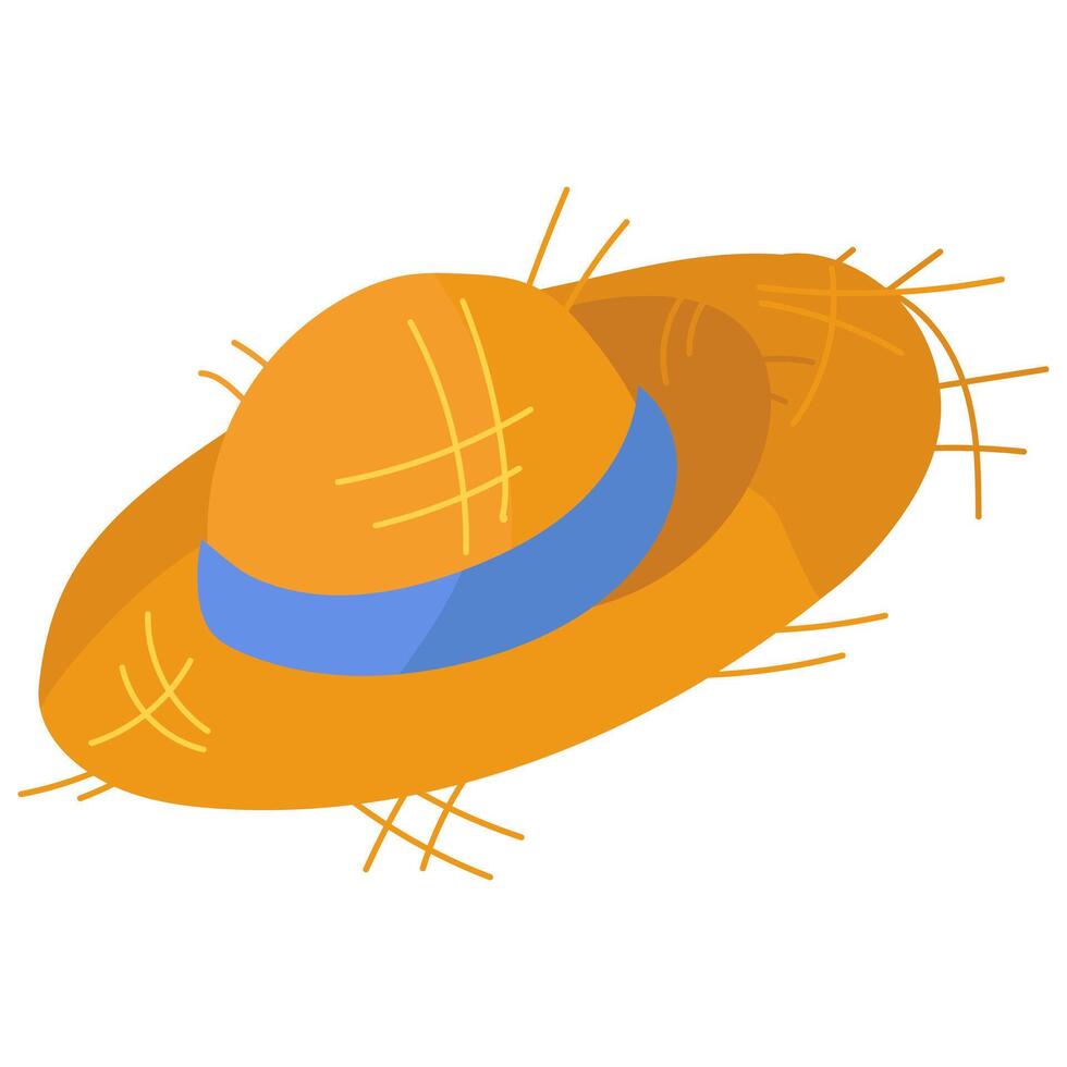 Paja sombrero en un blanco antecedentes con un azul cinta, aislado vector ilustración. un plano objeto para cubierta el cabeza. proteccion desde el Dom. el Paja palos fuera de el sombrero. dorado colores, natural