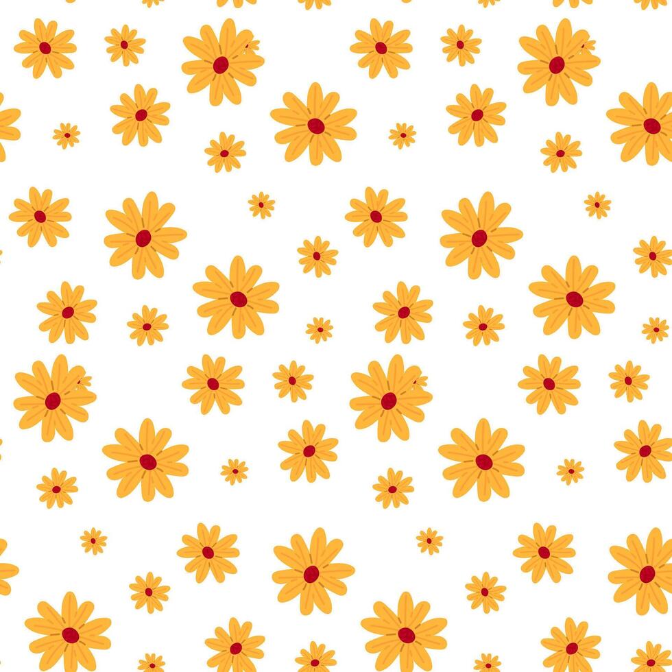 The pattern of spring flowers is yellow daisies. Colored daisies on a white background. Cute flower in different sizes. Seamless texture for printing on textiles and paper. Holiday vector