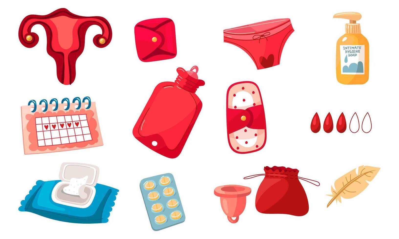 A set of menstruation pads, panties, calendar, menstrual cup, pen, soap, uterus, pills, blood drops and others. The concept of a woman's regular menstrual cycle. Vector illustration of ovaries