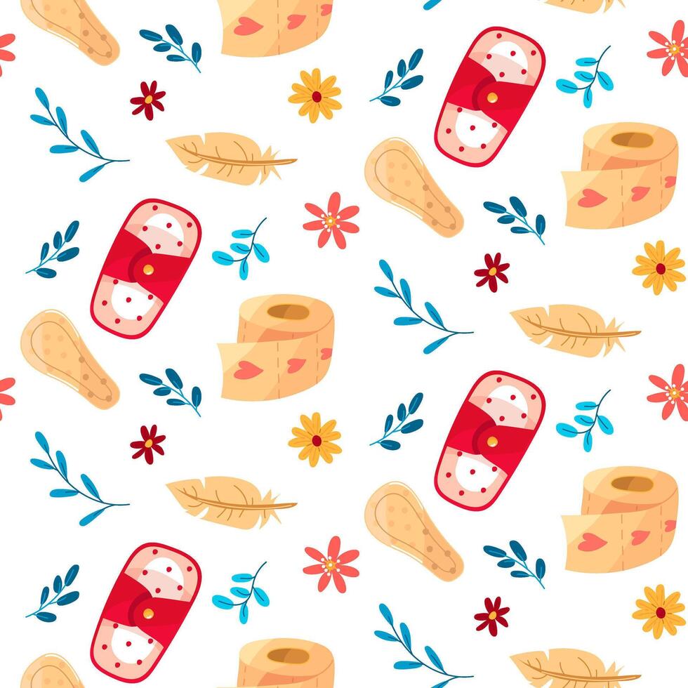 Paper pattern, eco-notebook, pen, drop, feminine gender with flowers and branches. The concept of a woman's regular menstrual cycle. Menstrual period, premenstrual syndrome, vector illustration