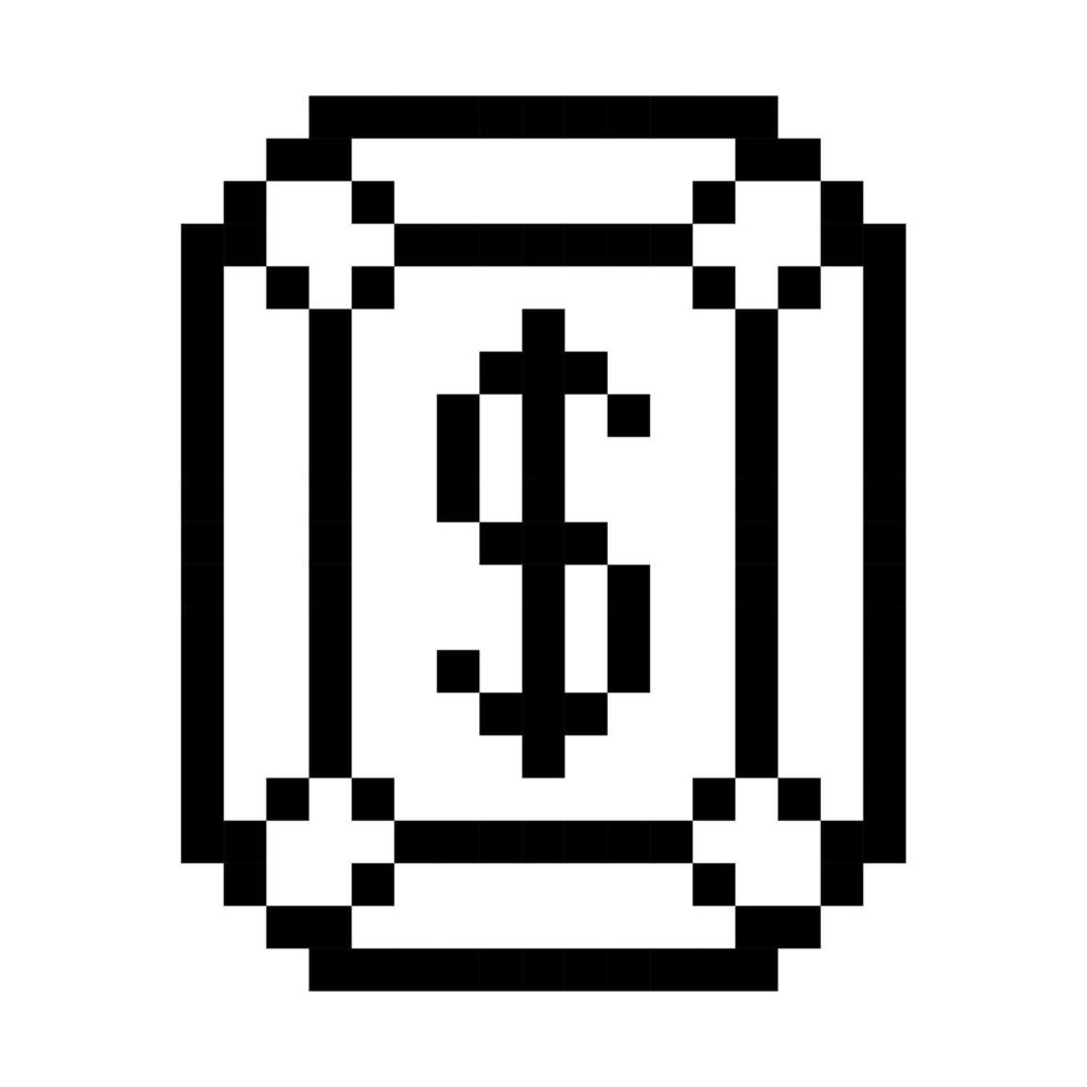 The dollar sign in the diamond is pixelated. Pixel art black contour dollar coins retro video game. The small squares are drawn in a pattern. Isolated image vector