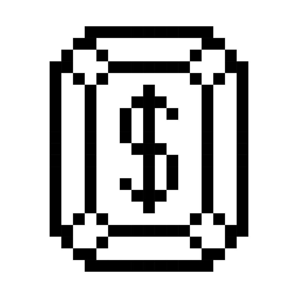 The dollar sign in the diamond is pixelated. Pixel art black contour dollar coins retro video game. The small squares are drawn in a pattern. Isolated image vector