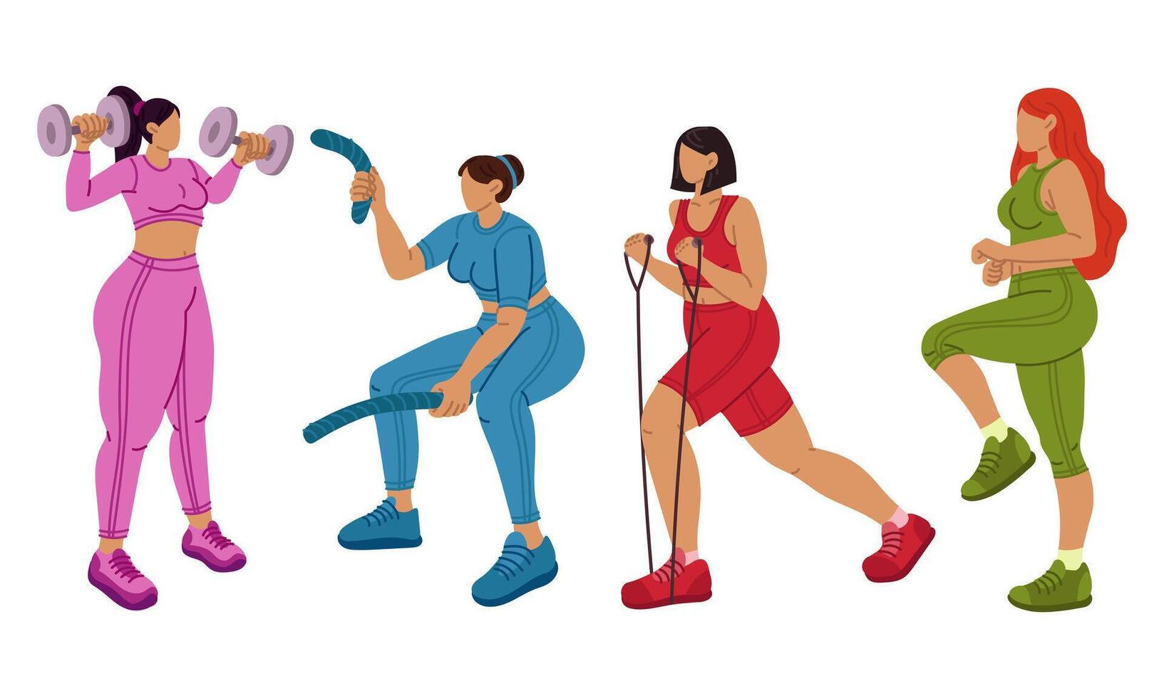 Set of girls who are full of sports with sports equipment. Girl is engaged in sports. Dynamic exercises. She does fitness in a tight-fitting tracksuit. Sports with exercise equipment. Women's training vector