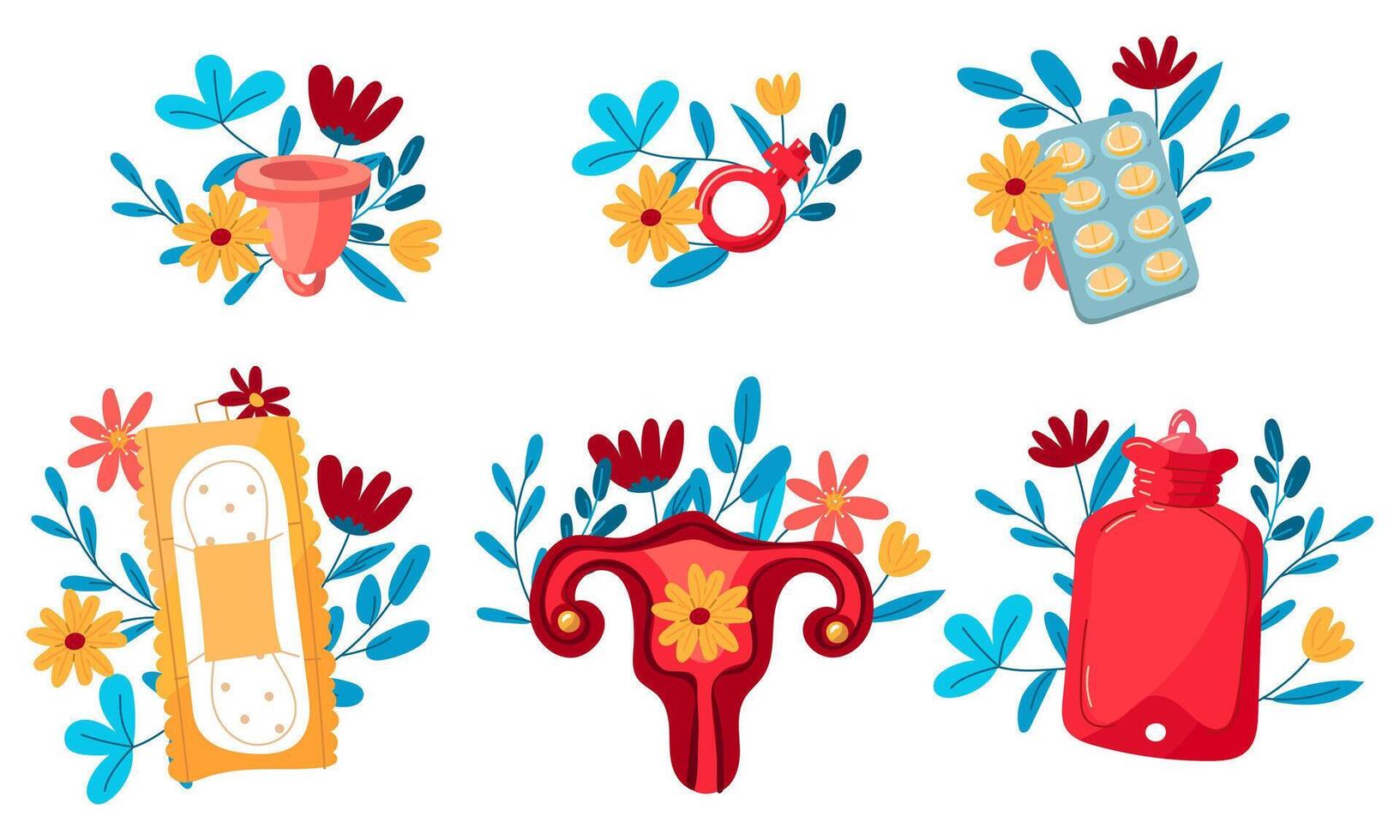 A set of uterus, pads, menstrual cup, pills with flowers. The concept of a woman's regular menstrual cycle. Menstrual period, menstruation, premenstrual syndrome, vector illustration of ovaries