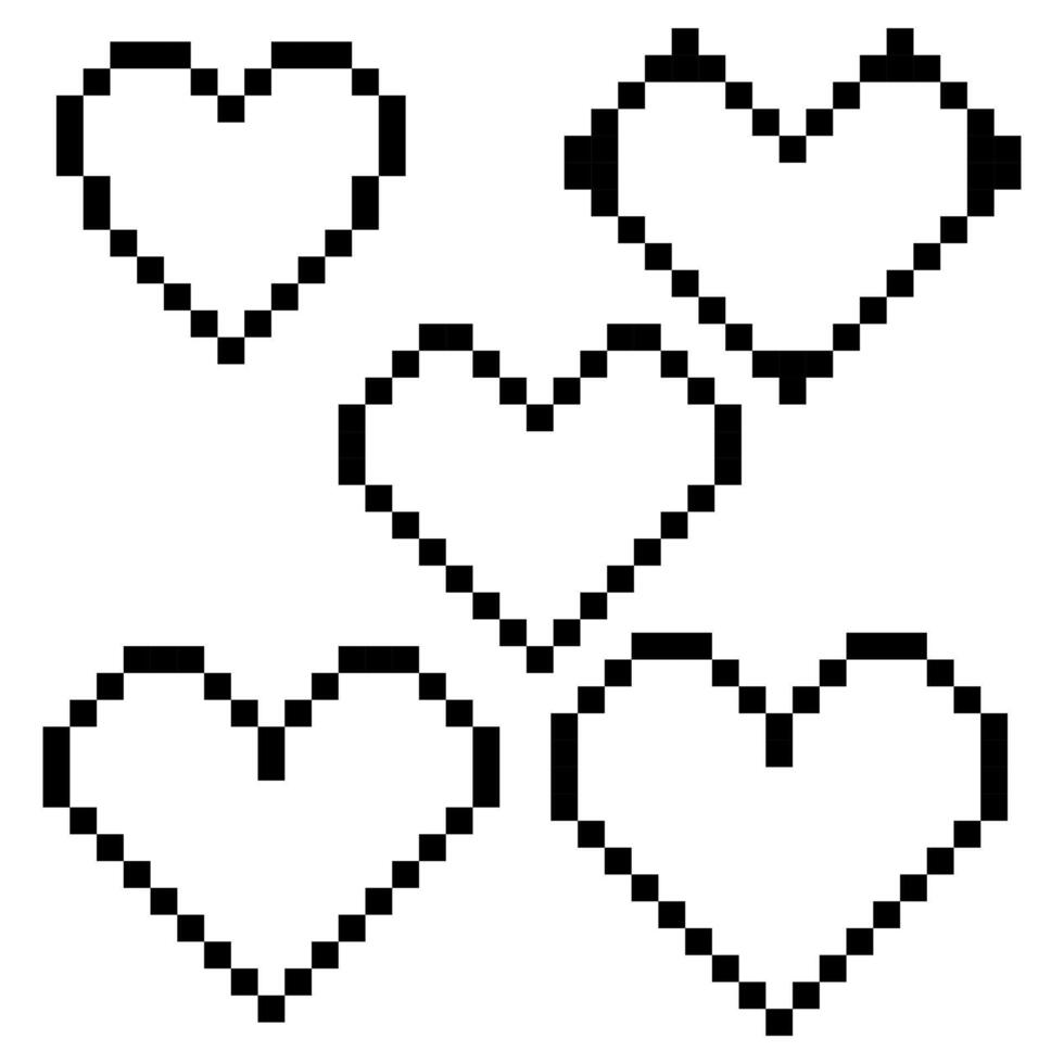 A set of hearts made of pixels. A set of retro ison pixel hearts. Vintage love symbol, 8-bit vector illustration for a computer game. The life contour button