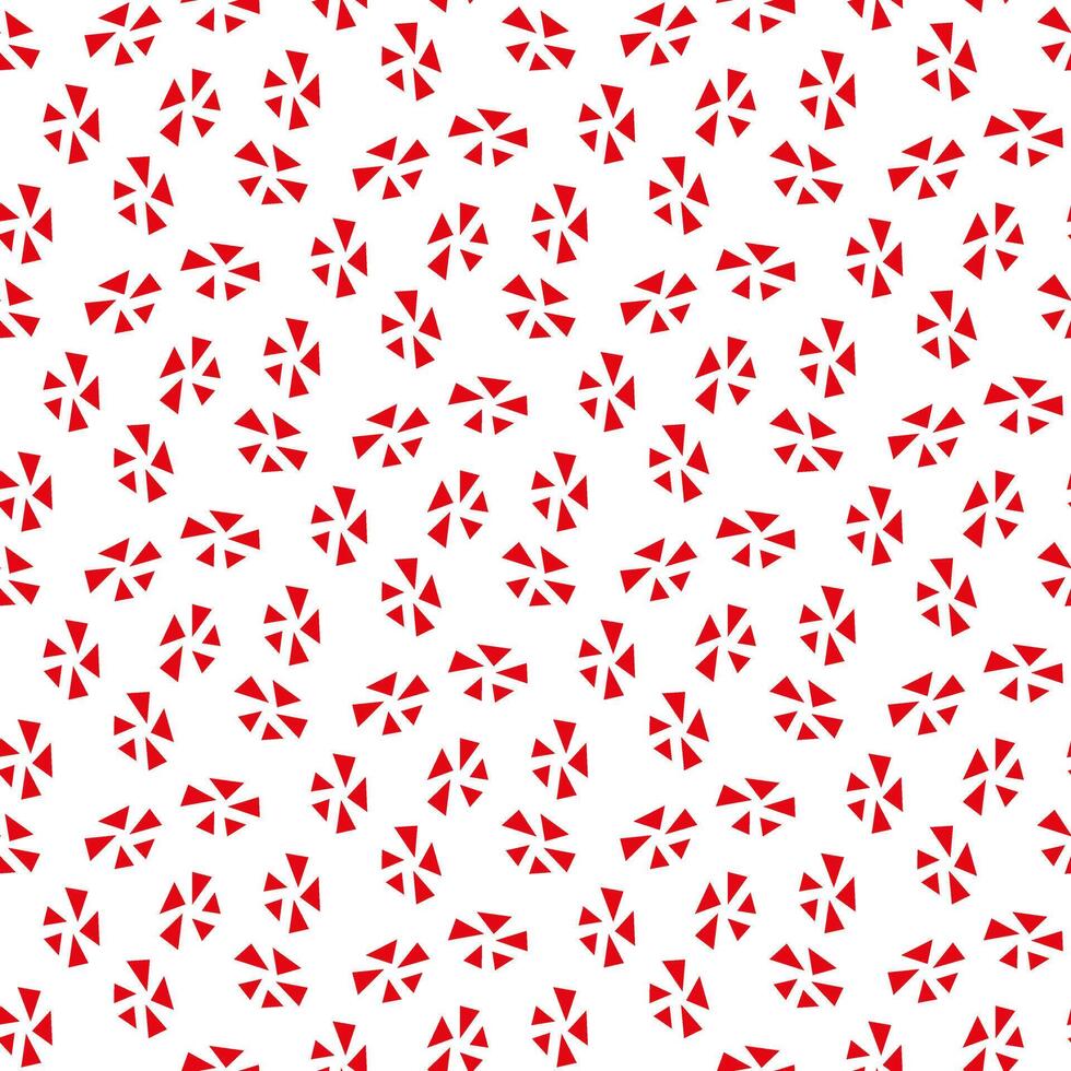 The pattern is abstract geometric triangles red in the shape of a flower. Triangular shape of small figures in a circle on a white background. Simple chaos in a seamless texture. Geometric flowers vector