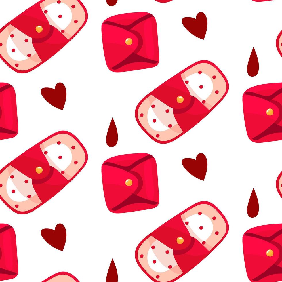 Pattern is eco-friendly fabric padding. Seamless pattern with absorbent reusable pads as a concept of green menstruation and zero waste. Flat vector stock illustration pink fabric with hearts, drops