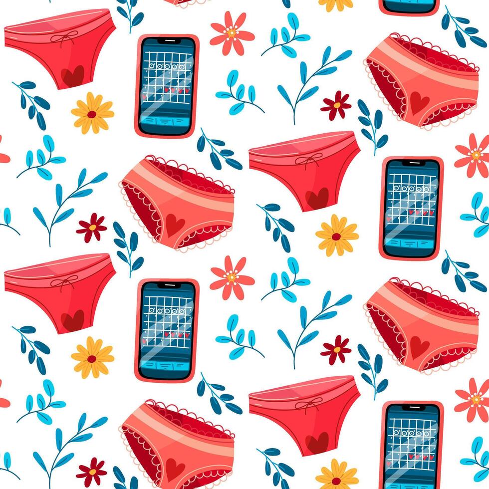Pattern of menstruation, pads, menstrual cup, pills, phone, panties, calendar with flowers. Concept of a woman's regular menstrual cycle. Menstrual period, menstruation, premenstrual syndrome, vector