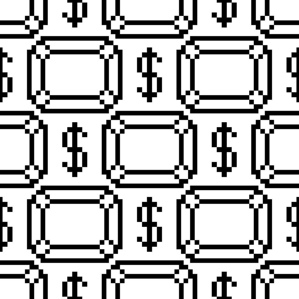 Pattern with dollar sign in the shape of a diamond is made in the form of pixels. Retro video game with black contoured dollar coins in pixel art. Small squares are drawn in a pattern. Isolated image vector
