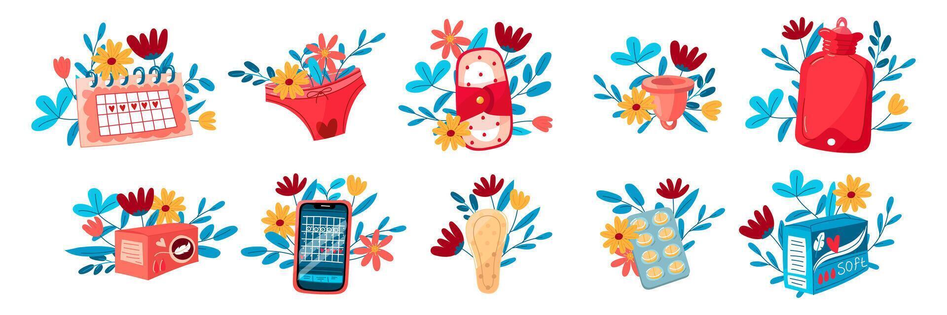 Set of uterus, pads, menstrual cup, pills, phone, panties, calendar with flowers. The concept of a woman's regular menstrual cycle. Menstrual period, menstruation, premenstrual syndrome, vector