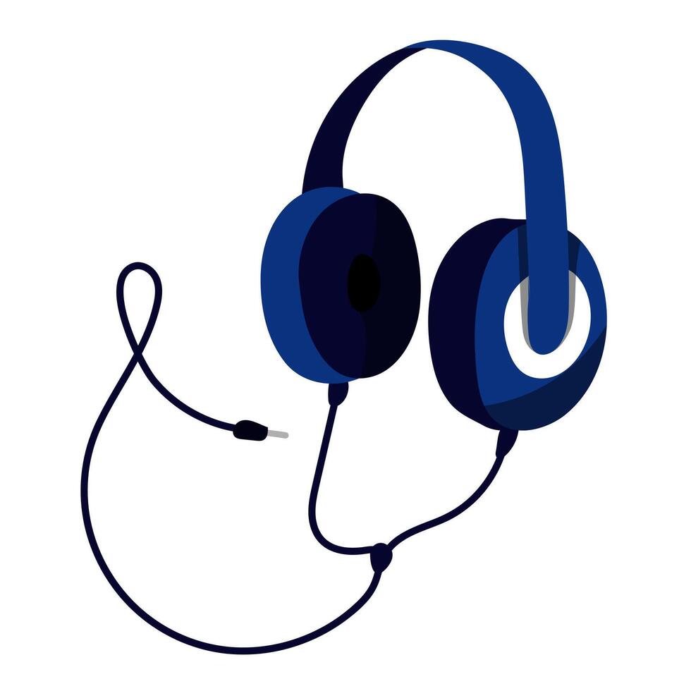 The headphones on the wire are large. Wired headphones, headphones with a cord and plug, vector illustration in a flat style, isolated on a white background. Flat Image Style of Blue wired Headphones