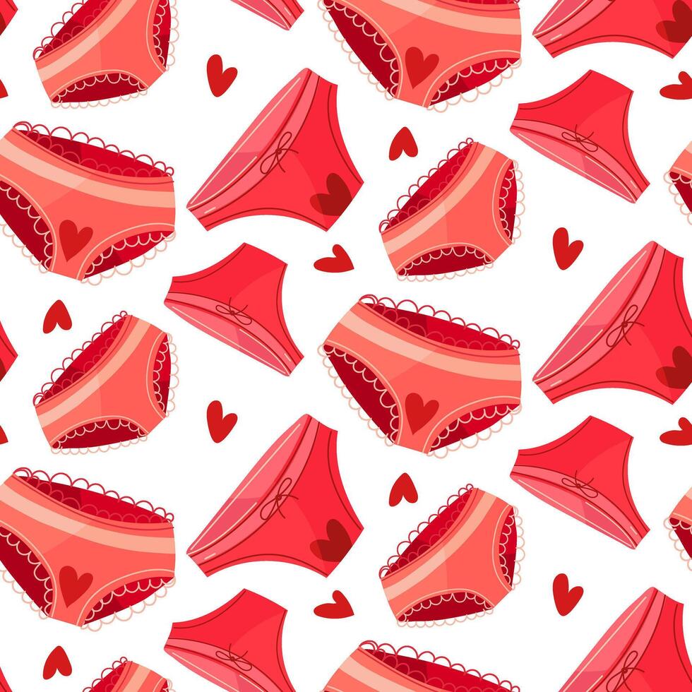 The pattern of women's underpants is a drop in the heart. The topic of menstruation, The concept of a woman's regular menstrual cycle. The menstrual period. Women's pink underwear with hearts vector