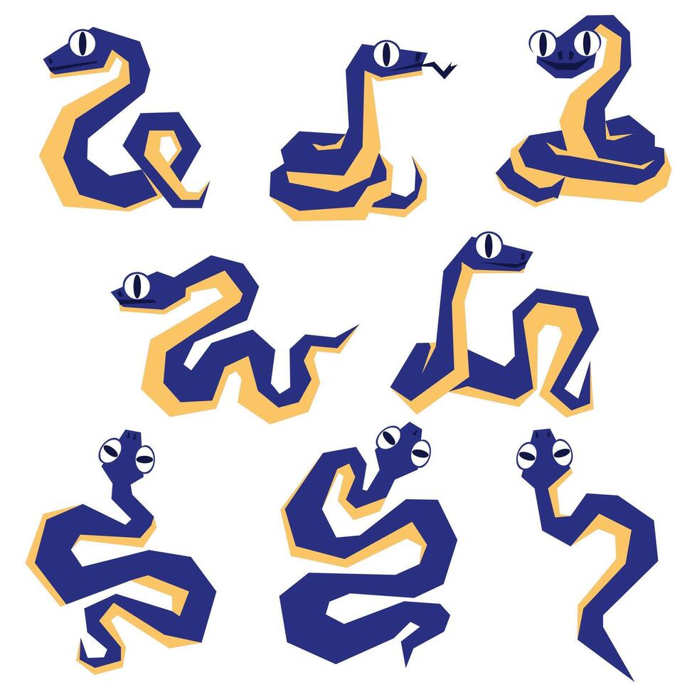 A set of snakes in 2025, blue in color and geometrically crawling. Isolated sinuous snakes in different poses. Modern vector illustration in a flat style. The 2025 collection of two-color snakes