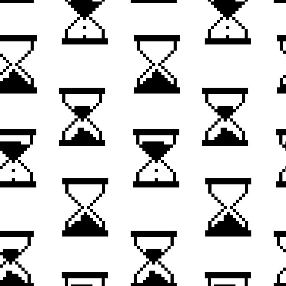 The hourglass pattern in pixels. The icon of a pixel clock made of sand glass. Vector illustration illustration of a set of objects. The remaining time, running sand, countdown