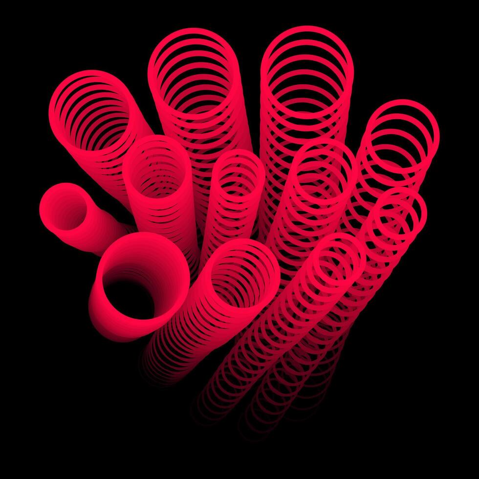 Repeated circles on the reduction are arranged along like a tube. The path of pink rings in a black background. Bright ring isolated vector illustration. Repeated rings form a line
