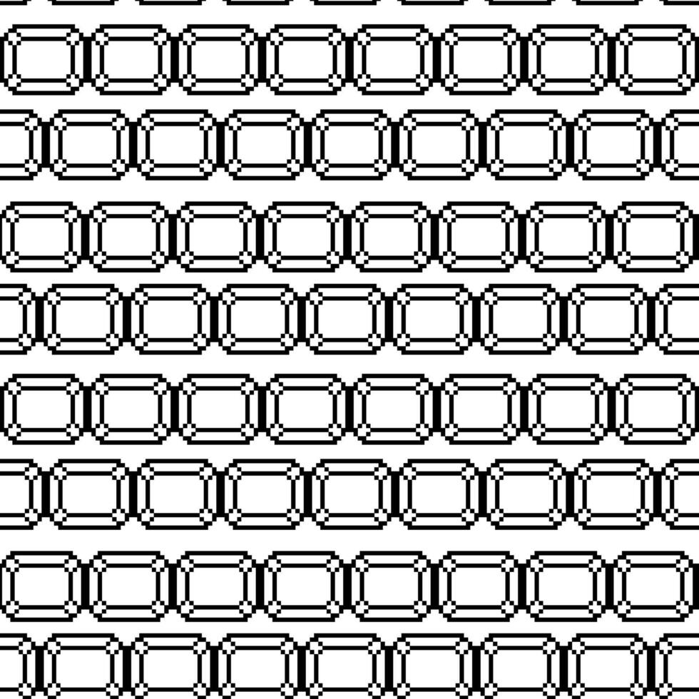 Pattern with the diamond-shaped gemstone sign is made in the form of pixels. A retro video game with black outlines in pixel art. Small squares are drawn in the form of a pattern. Seamless vector