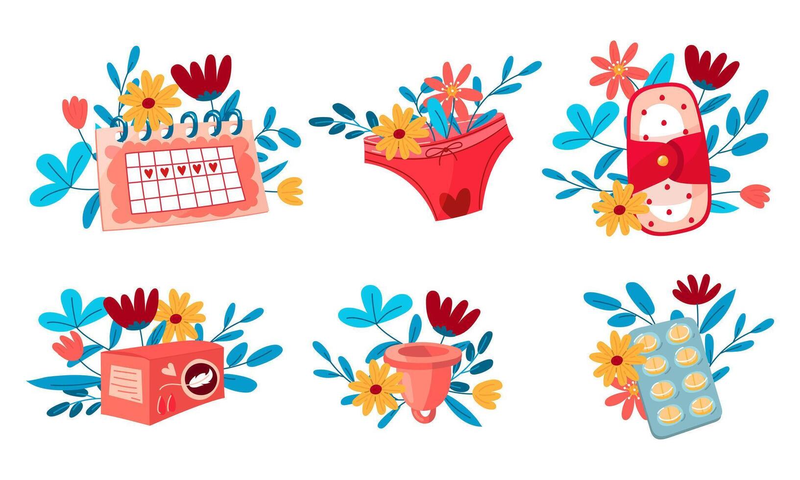 A set of calendar, pads, menstrual cup, pills with flowers. The concept of a woman's regular menstrual cycle. Menstrual period, menstruation, premenstrual syndrome, vector illustration of ovaries