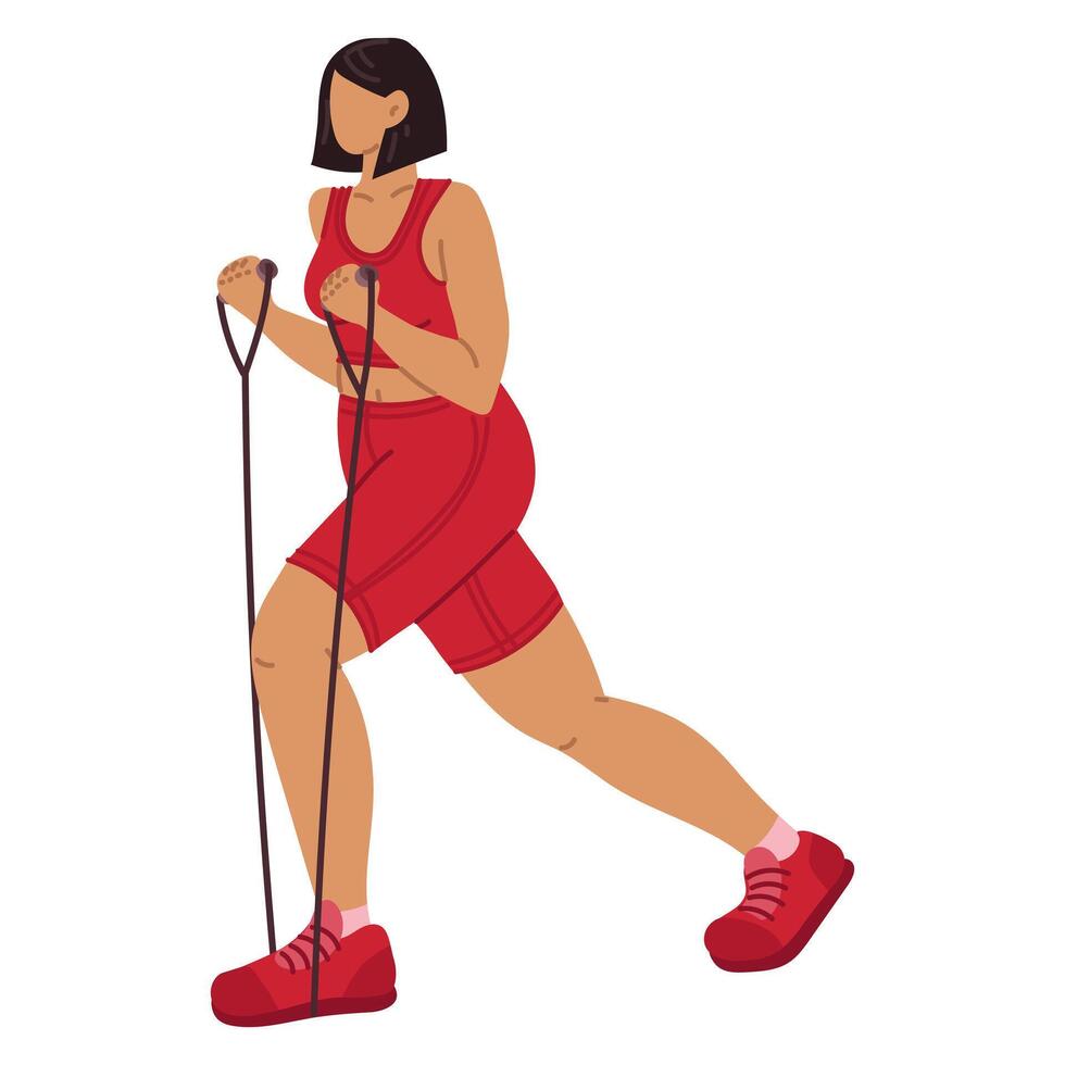 A full-bodied girl does sports with an expander. The girl is engaged in sports. Dynamic exercises. She does fitness in a tight-fitting tracksuit. Sports with exercise equipment. Women's training vector